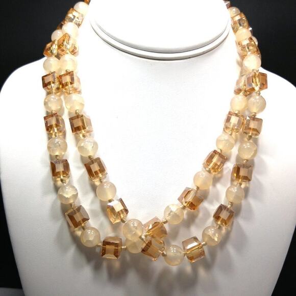 Square Crystal Light Topaz Crackle Glass Beaded Long Necklace, 40" Hand-knotted - Picture 4 of 10